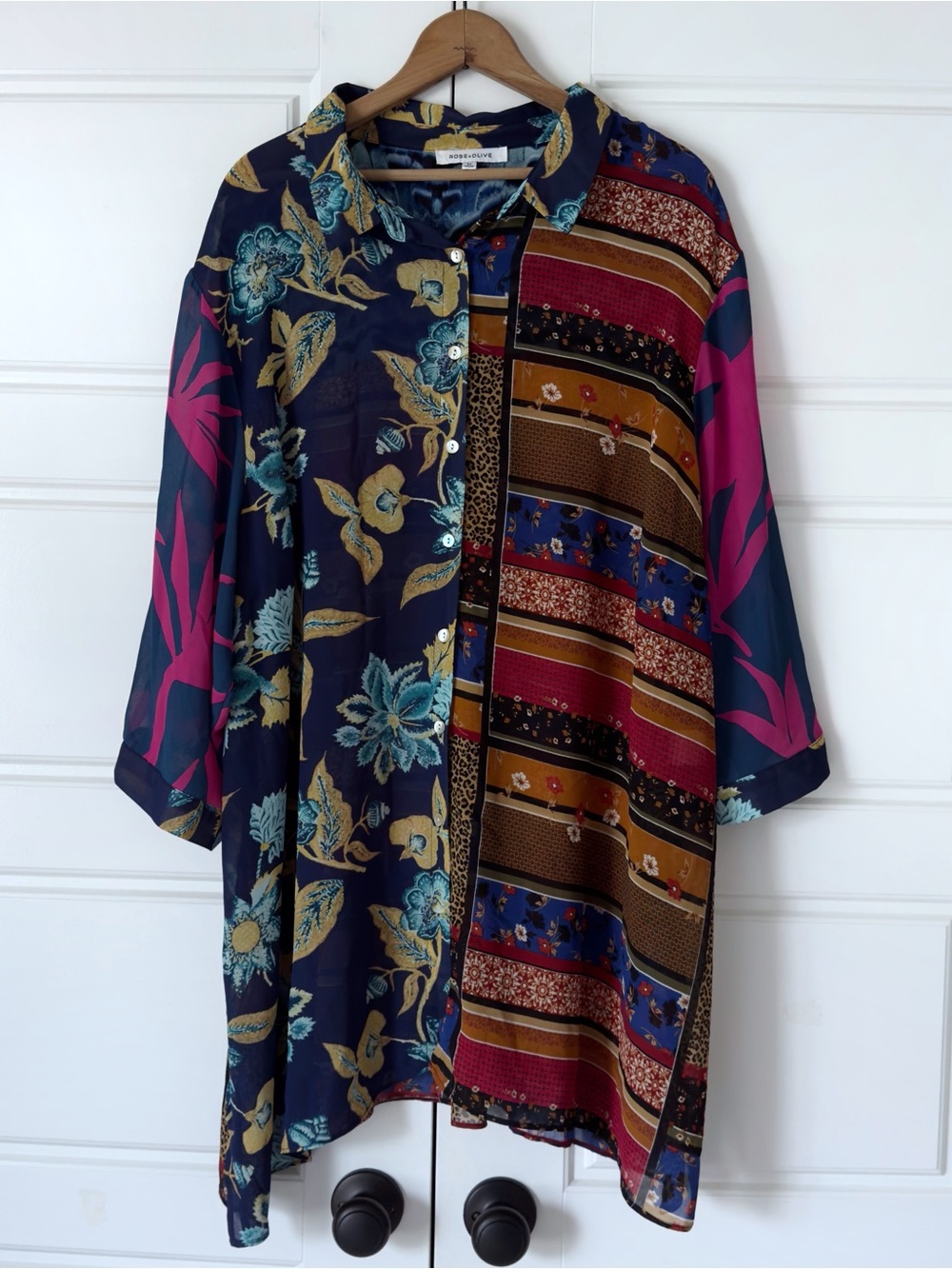 Rose Olive Boho Floral Tunic Top 3X Artsy Indie Patchwork Art to Wear Sheer